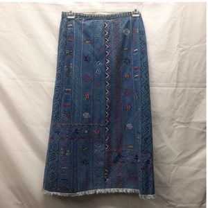 Chico's Design Size 2 Boho Festival Heavy Embroidery Denim A-Line Raw Hem Skirt